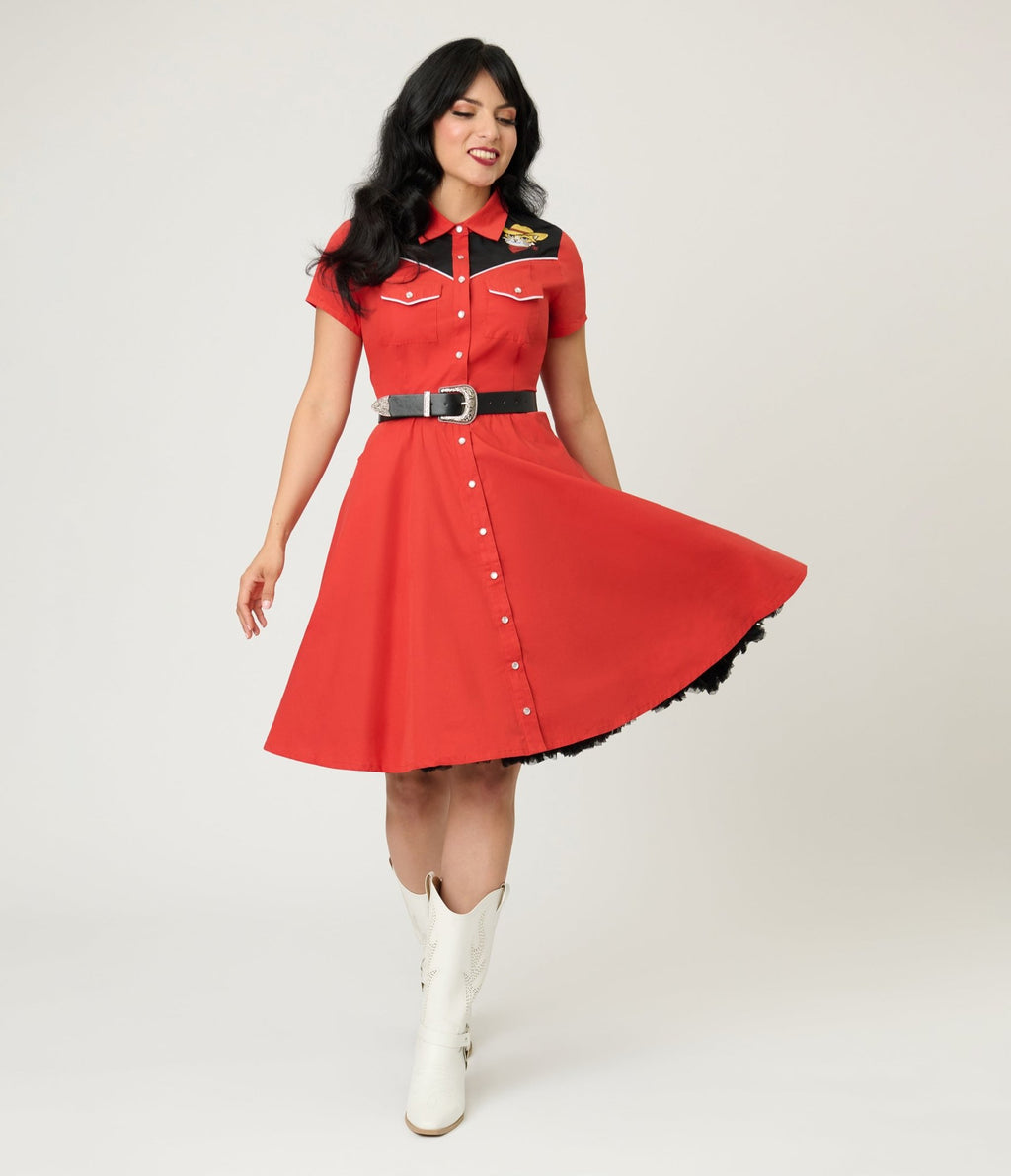 Smak Parlour Red Embroidered Cowboy Cat Western Flare Dress - Unique Vintage - Womens, DRESSES, FIT AND FLARE