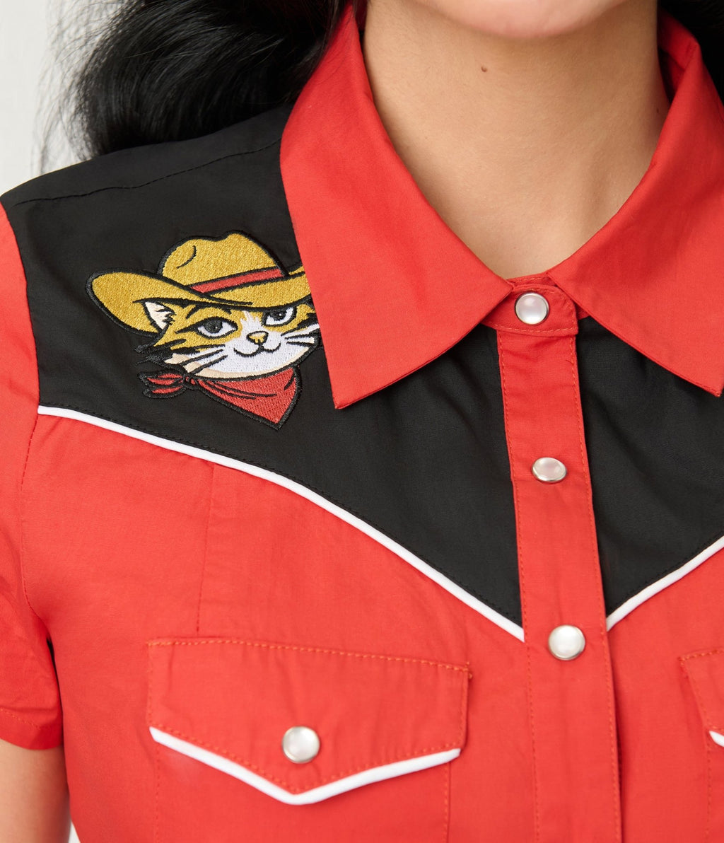 Smak Parlour Red Embroidered Cowboy Cat Western Flare Dress - Unique Vintage - Womens, DRESSES, FIT AND FLARE