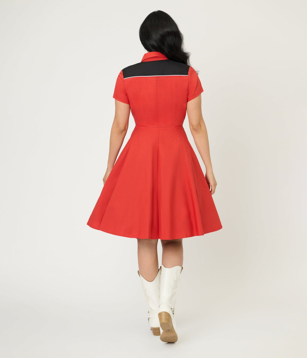 Smak Parlour Red Embroidered Cowboy Cat Western Flare Dress - Unique Vintage - Womens, DRESSES, FIT AND FLARE