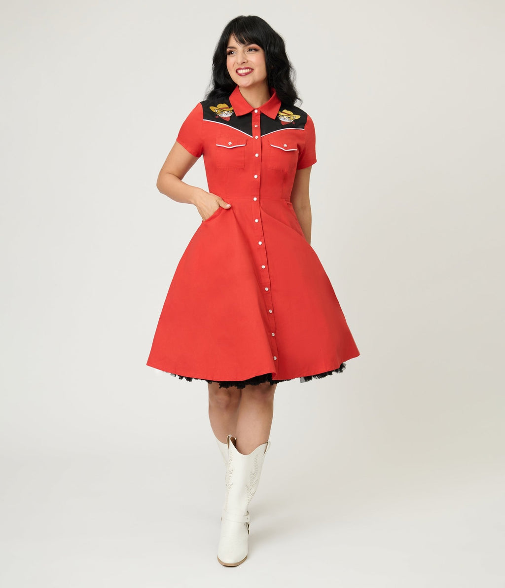 flared dresses women Smak Parlour Red Embroidered Cowboy Cat Western Flare Dress – Unique Vintage