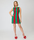 Smak Parlour Red & Green Embroidered Wreaths Scalloped Mini Dress - Unique Vintage -