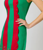 Smak Parlour Red & Green Embroidered Wreaths Scalloped Mini Dress - Unique Vintage -