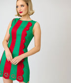 Smak Parlour Red & Green Embroidered Wreaths Scalloped Mini Dress - Unique Vintage -