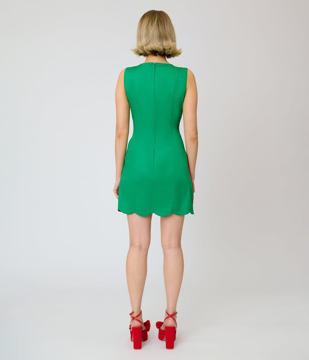 Smak Parlour Red & Green Embroidered Wreaths Scalloped Mini Dress - Unique Vintage -