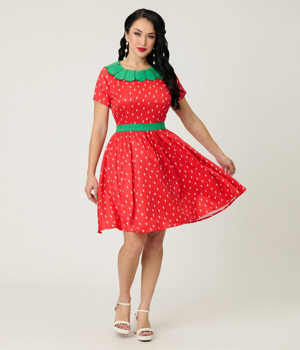 Smak Parlour Red & Green Petal Collar Flare Dress - Unique Vintage - Womens, DRESSES, FIT AND FLARE