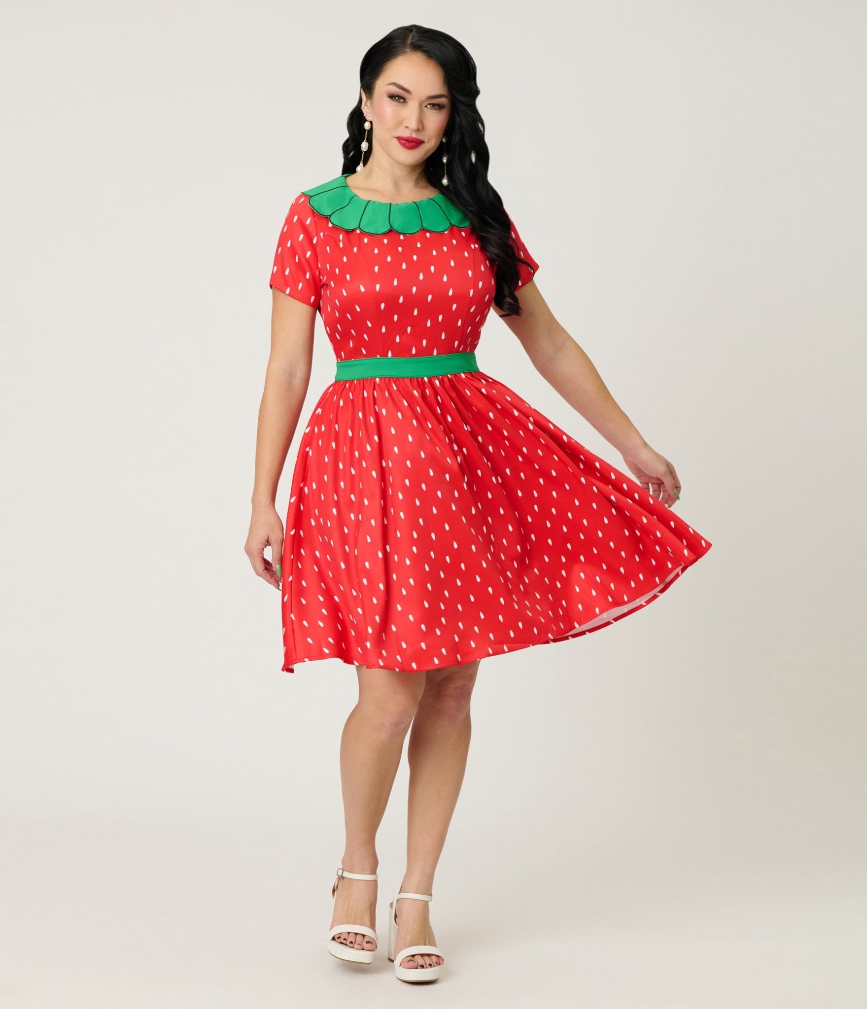 Smak Parlour Red & Green Petal Collar Flare Dress - Unique Vintage - Womens, DRESSES, FIT AND FLARE