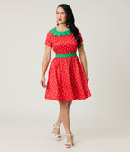 Smak Parlour Red & Green Petal Collar Flare Dress - Unique Vintage - Womens, DRESSES, FIT AND FLARE