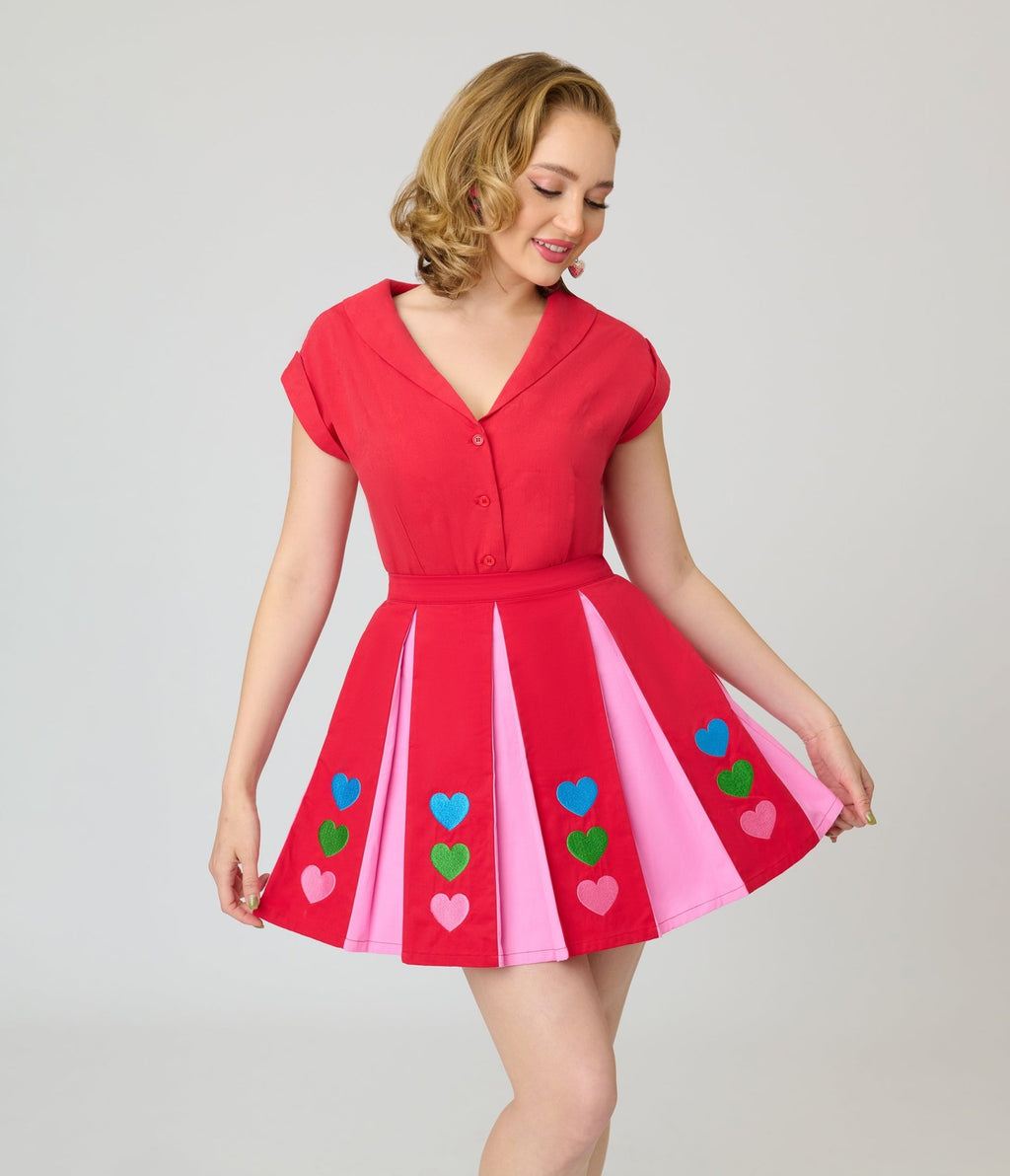 Smak Parlour Red & Pink Rainbow Heart Pleated Mini Skirt - Unique Vintage - Womens, BOTTOMS, SKIRTS