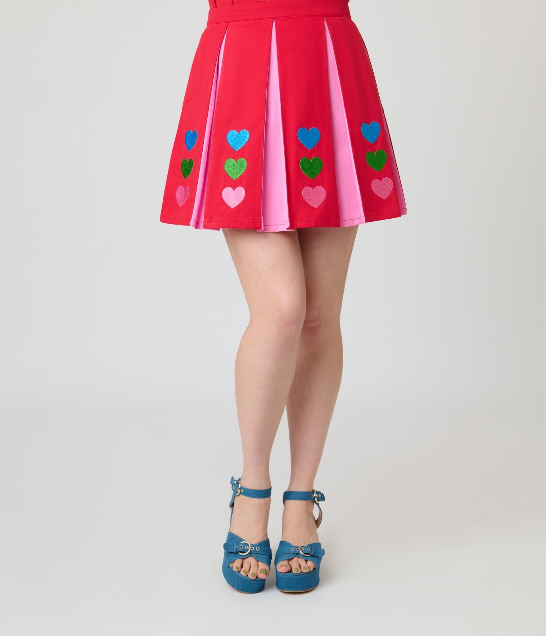 Smak Parlour Red & Pink Rainbow Heart Pleated Mini Skirt - Unique Vintage - Womens, BOTTOMS, SKIRTS