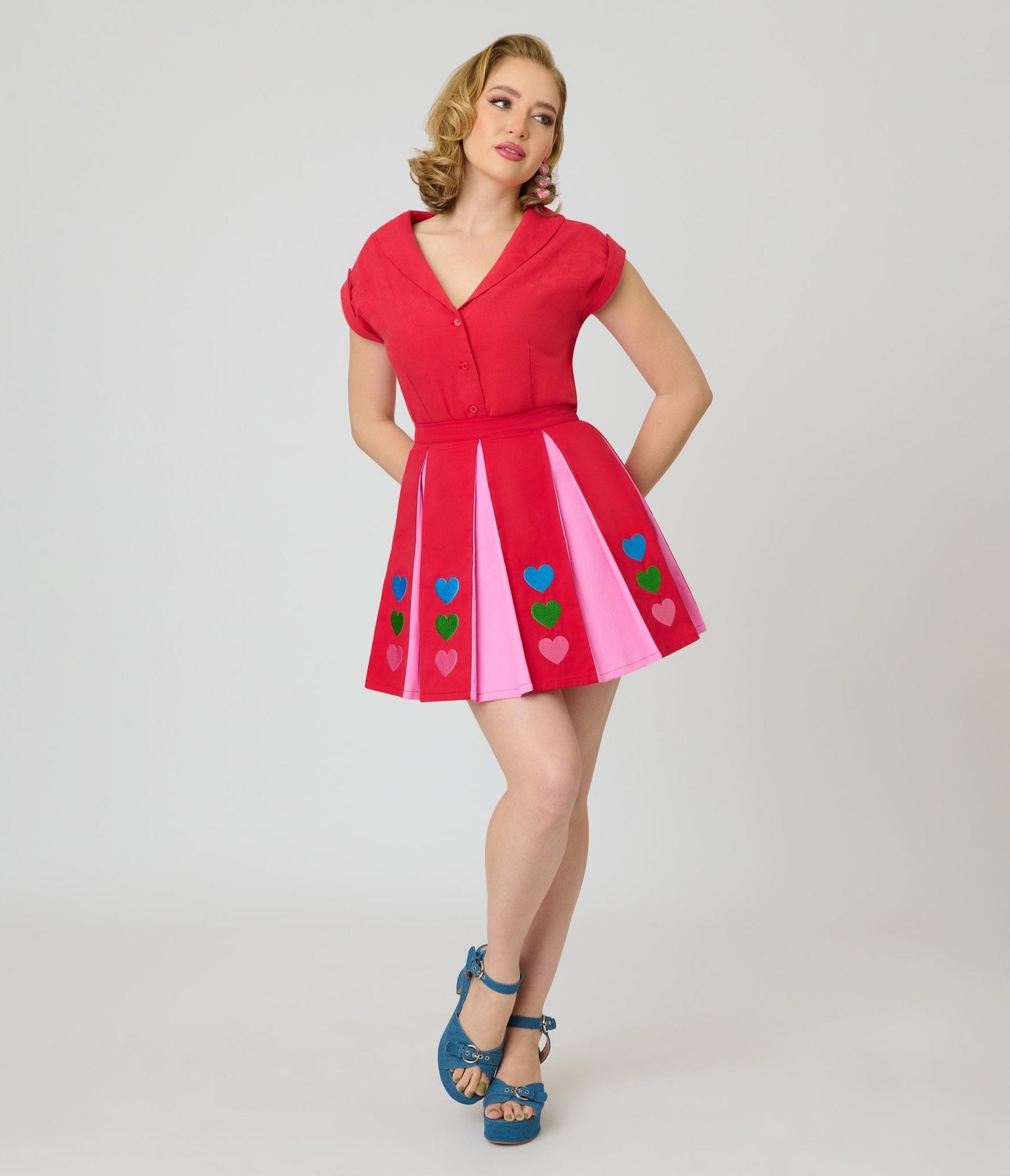 Smak Parlour Red & Pink Rainbow Heart Pleated Mini Skirt - Unique Vintage - Womens, BOTTOMS, SKIRTS