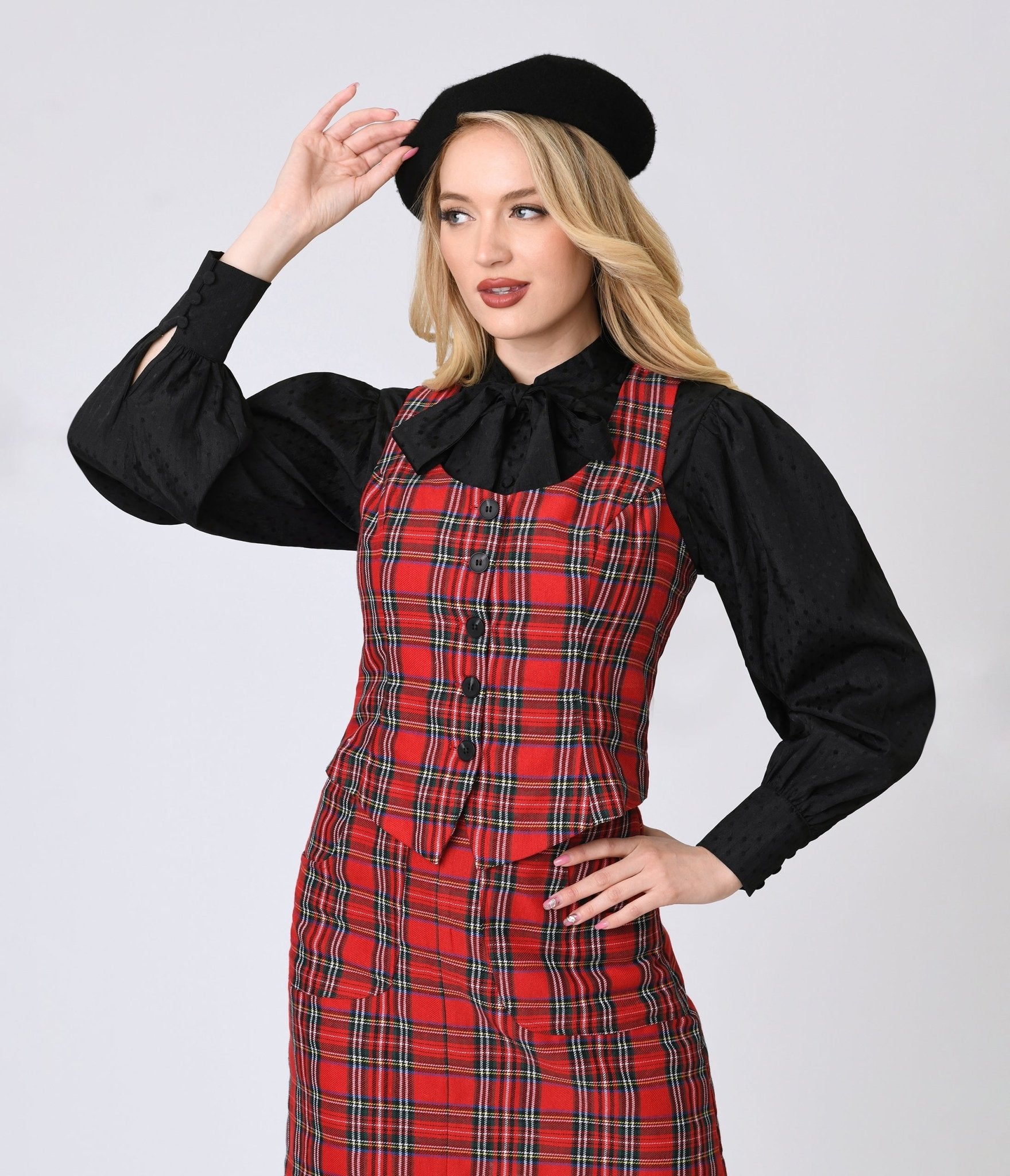 Smak Parlour Red Plaid Scoop Neck Vest - Unique Vintage - Womens, TOPS, OUTERWEAR