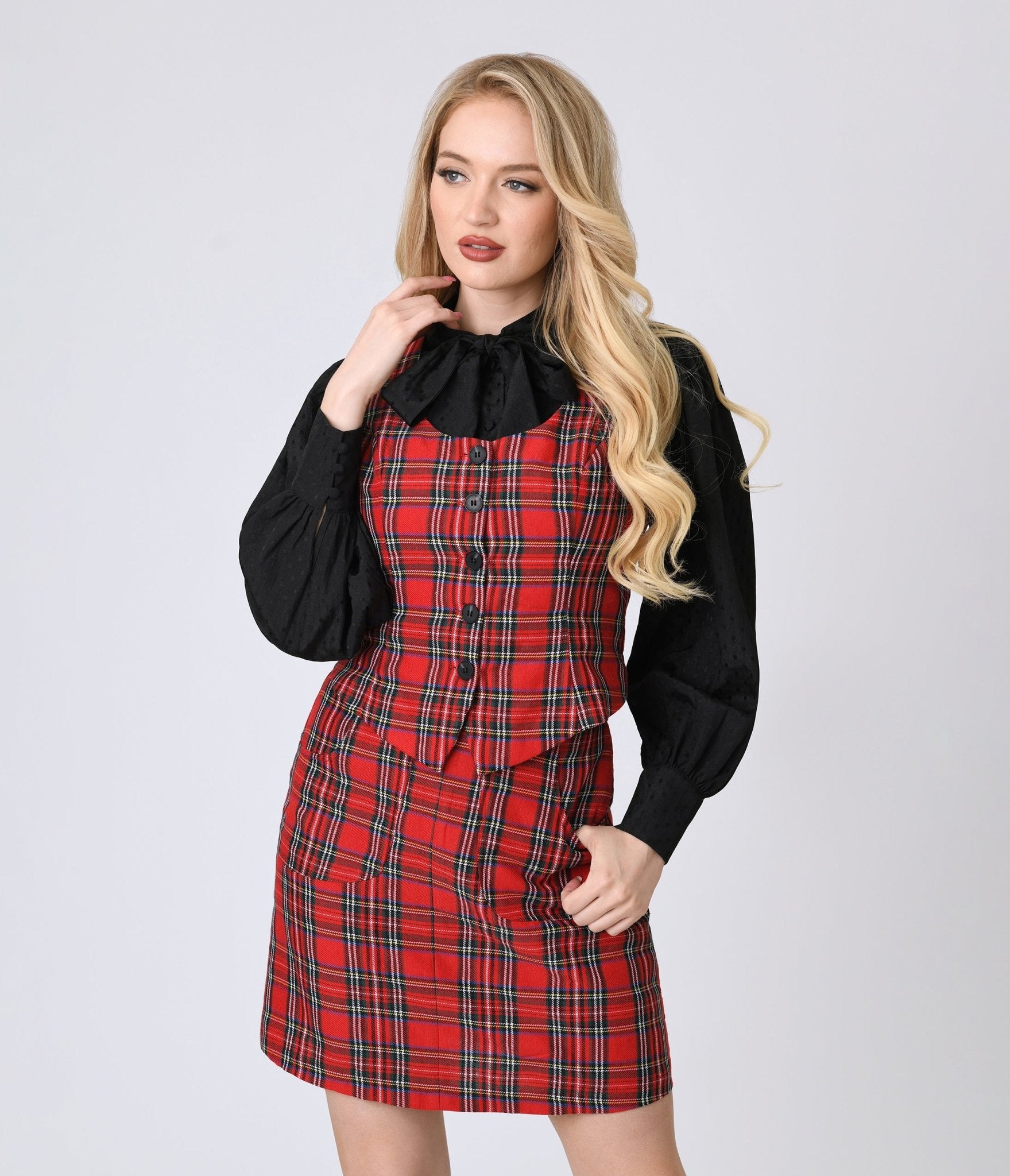 Smak Parlour Red Plaid Scoop Neck Vest - Unique Vintage - Womens, TOPS, OUTERWEAR
