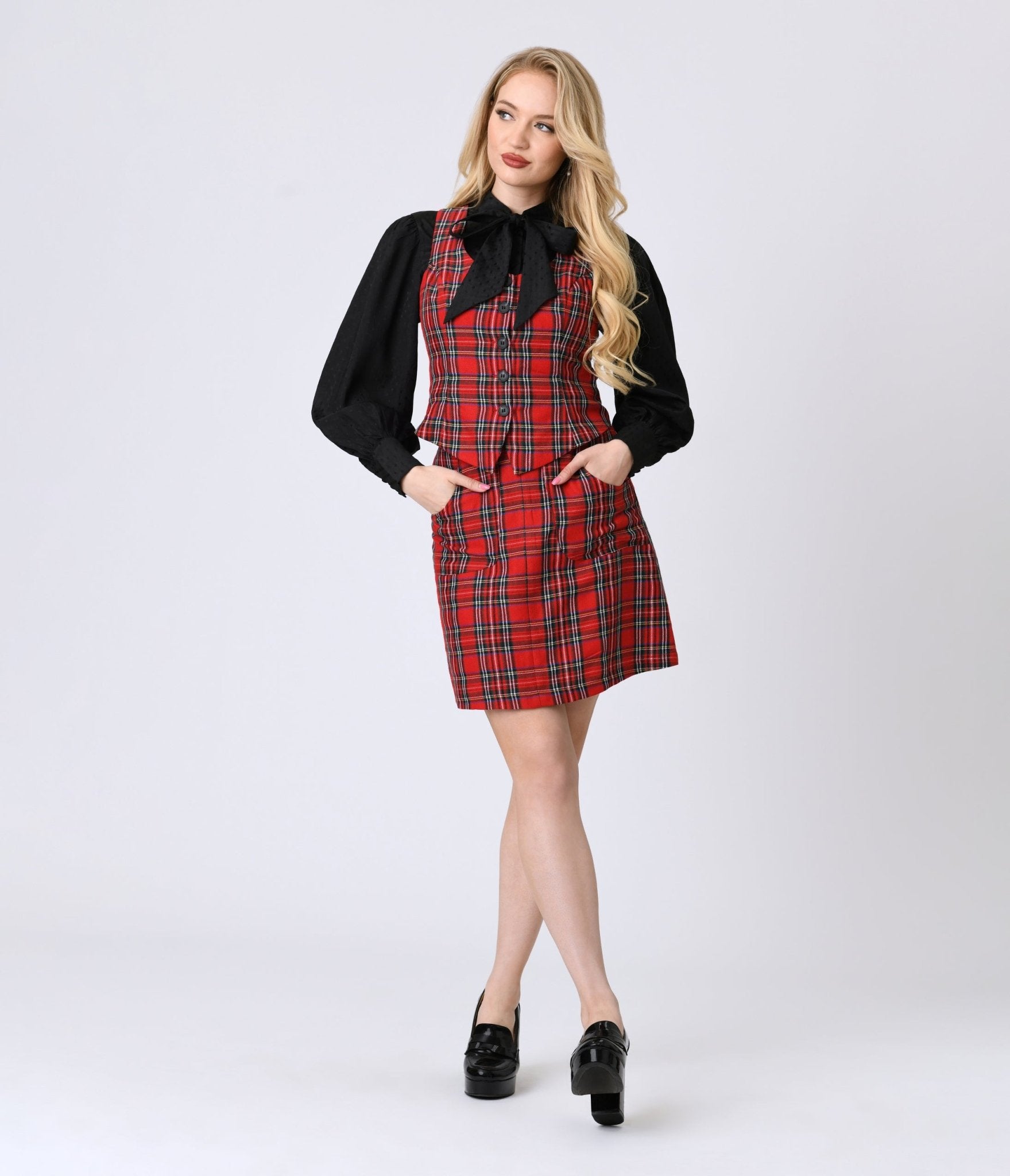 Smak Parlour Red Plaid Scoop Neck Vest - Unique Vintage - Womens, TOPS, OUTERWEAR