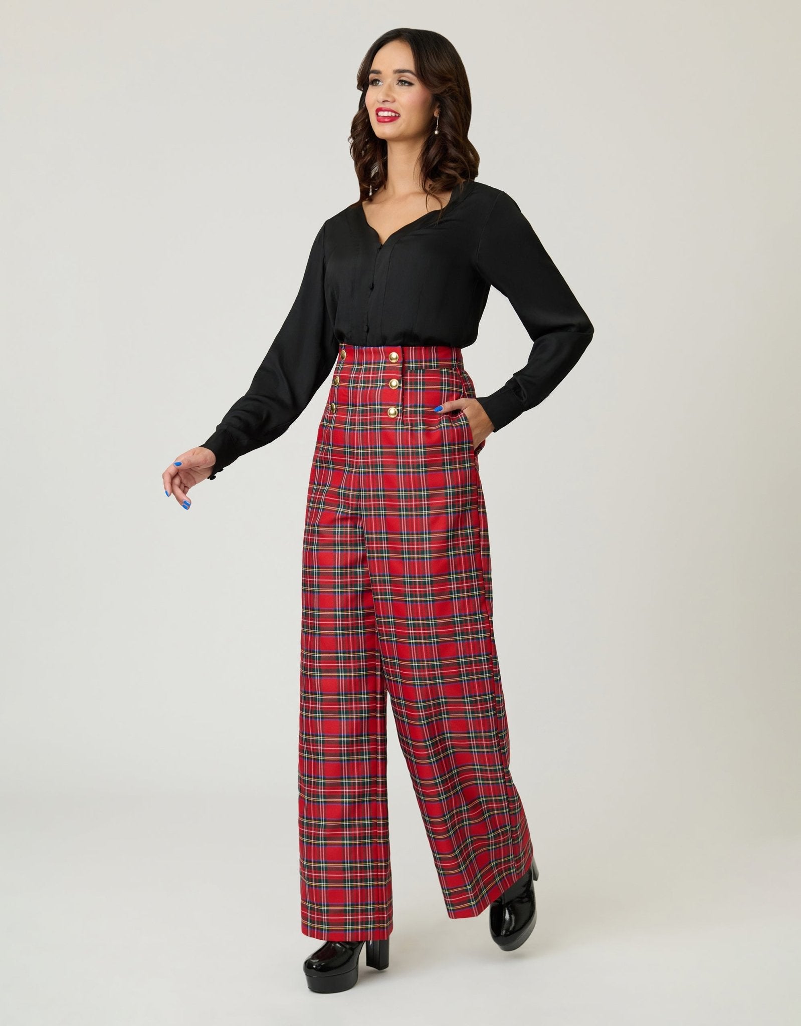 Smak Parlour Red Plaid Wide Leg Sailor Pants - Unique Vintage - Womens, BOTTOMS, PANTS