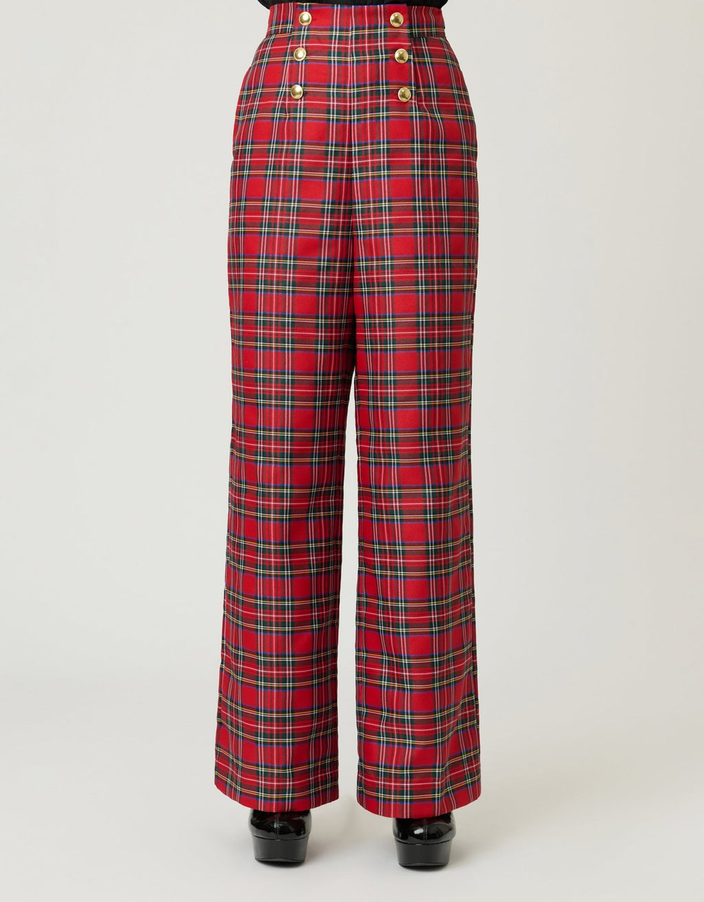 Smak Parlour Red Plaid Wide Leg Sailor Pants - Unique Vintage - Womens, BOTTOMS, PANTS