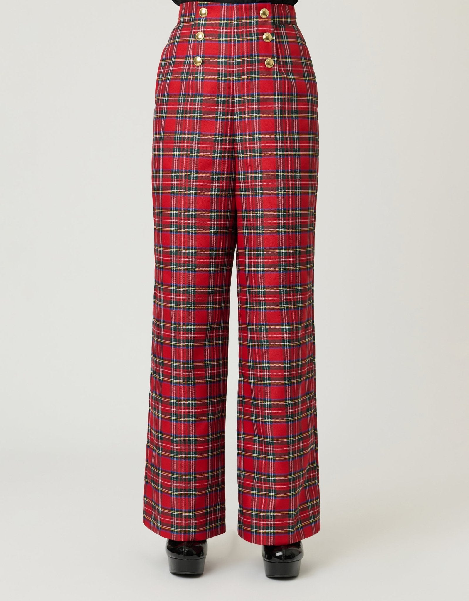 Smak Parlour Red Plaid Wide Leg Sailor Pants - Unique Vintage - Womens, BOTTOMS, PANTS