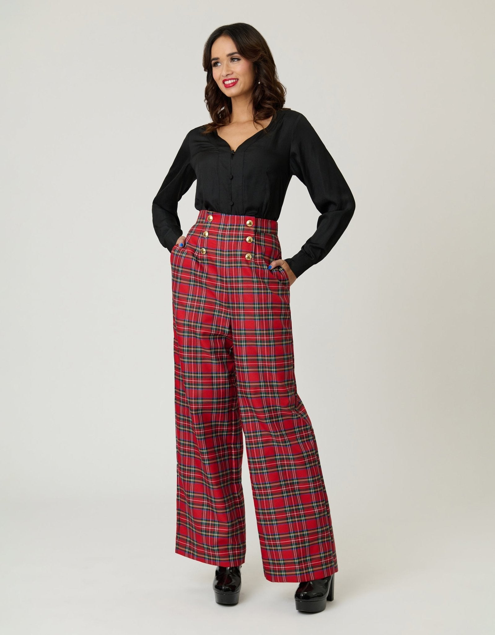 Smak Parlour Red Plaid Wide Leg Sailor Pants - Unique Vintage - Womens, BOTTOMS, PANTS