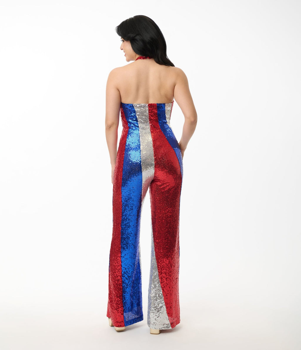 Smak Parlour Red, Silver, & Blue Sequin Glamour Goddess Jumpsuit - Unique Vintage - Womens, BOTTOMS, ROMPERS AND JUMPSUITS