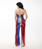 Smak Parlour Red, Silver, & Blue Sequin Glamour Goddess Jumpsuit - Unique Vintage - Womens, BOTTOMS, ROMPERS AND JUMPSUITS
