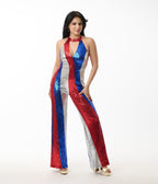 Smak Parlour Red, Silver, & Blue Sequin Glamour Goddess Jumpsuit - Unique Vintage - Womens, BOTTOMS, ROMPERS AND JUMPSUITS