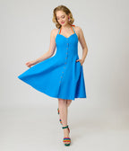 Smak Parlour Royal Blue & Rainbow Sweetheart Halter Flare Dress - Unique Vintage - Womens, DRESSES, FIT AND FLARE