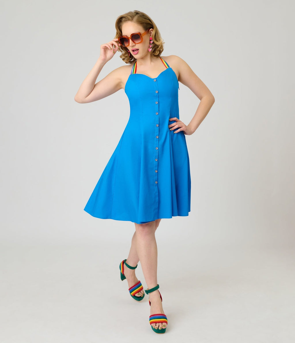 Smak Parlour Royal Blue & Rainbow Sweetheart Halter Flare Dress - Unique Vintage - Womens, DRESSES, FIT AND FLARE