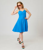 Smak Parlour Royal Blue & Rainbow Sweetheart Halter Flare Dress - Unique Vintage - Womens, DRESSES, FIT AND FLARE