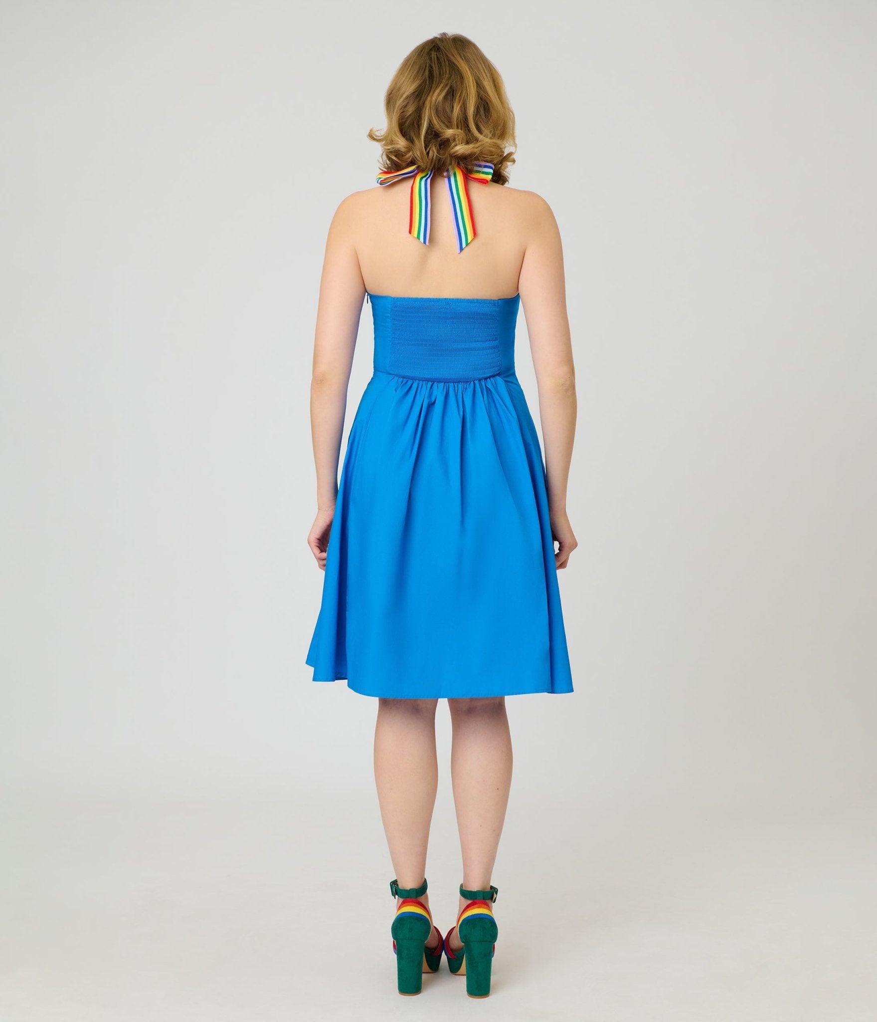 Smak Parlour Royal Blue & Rainbow Sweetheart Halter Flare Dress - Unique Vintage - Womens, DRESSES, FIT AND FLARE