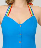 Smak Parlour Royal Blue & Rainbow Sweetheart Halter Flare Dress - Unique Vintage - Womens, DRESSES, FIT AND FLARE