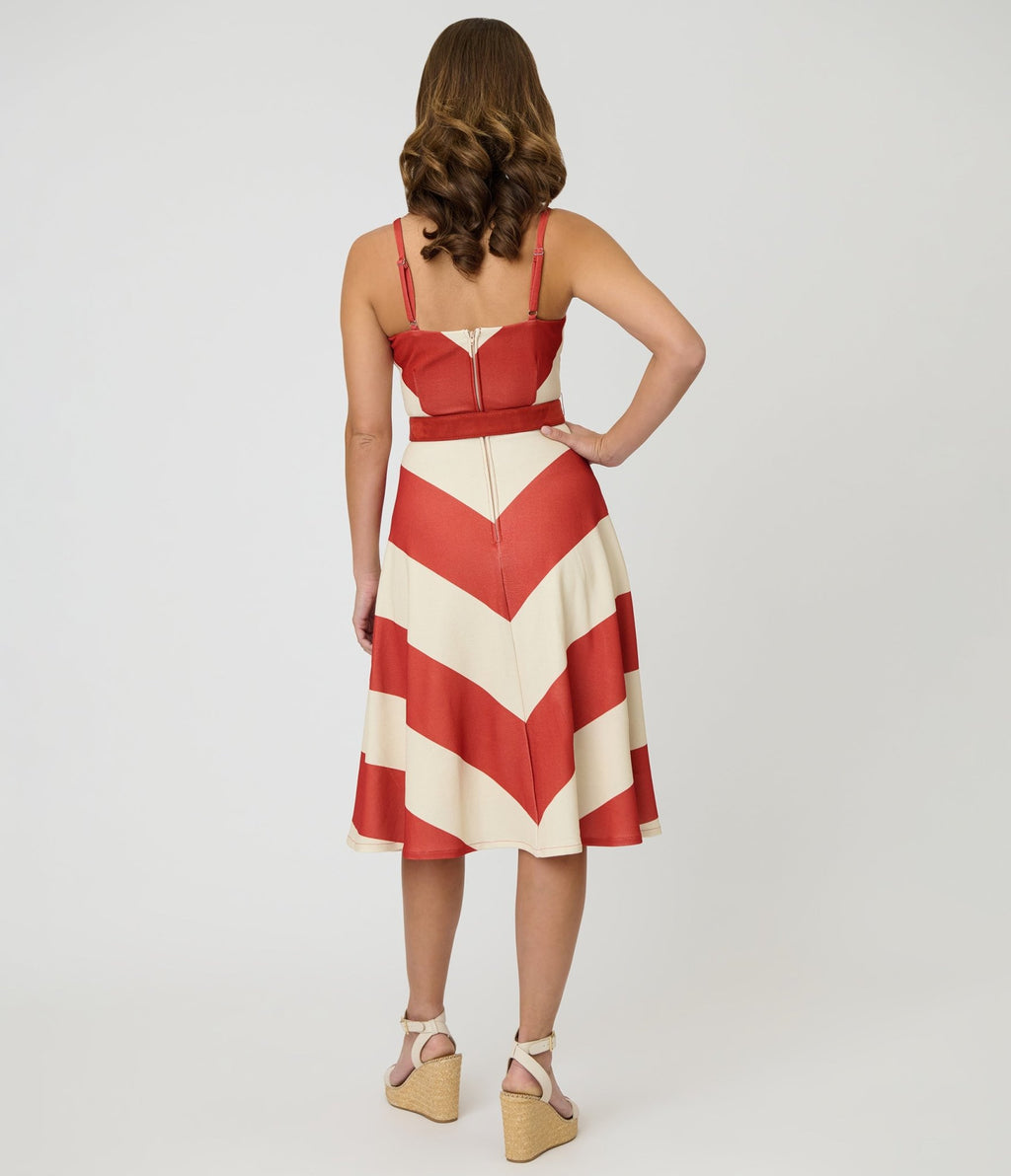 Smak Parlour Rust & Ivory Spaghetti Strap Chevron Midi Dress - Unique Vintage - Womens, DRESSES, MIDI