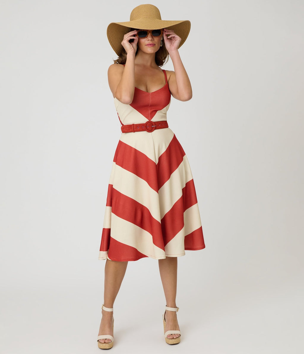 Smak Parlour Rust & Ivory Spaghetti Strap Chevron Midi Dress - Unique Vintage - Womens, DRESSES, MIDI