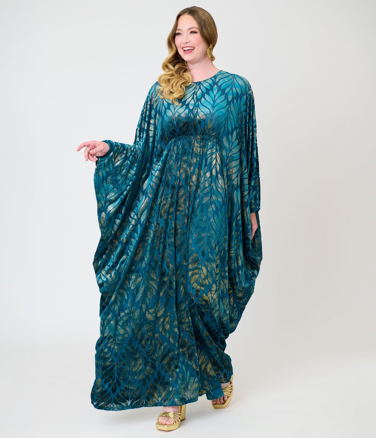 Smak Parlour Teal Velvet Burnout Batwing Caftan - Unique Vintage - Caftans