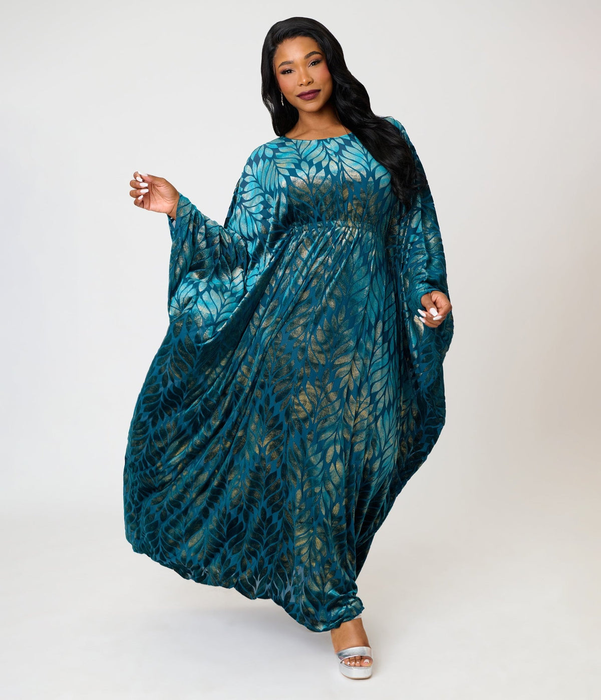 Smak Parlour Teal Velvet Burnout Batwing Caftan - Unique Vintage - Caftans