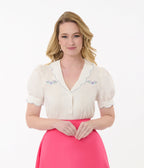 Smak Parlour White & Blue Floral Embroidered Puff Sleeve Top - Unique Vintage - Womens, TOPS, WOVEN TOPS