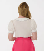 Smak Parlour White & Blue Floral Embroidered Puff Sleeve Top - Unique Vintage - Womens, TOPS, WOVEN TOPS