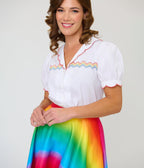 Smak Parlour White & Rainbow Embroidered Puff Sleeve Top - Unique Vintage - Womens, TOPS, WOVEN TOPS
