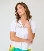 Smak Parlour White & Rainbow Embroidered Puff Sleeve Top - Unique Vintage - Womens, TOPS, WOVEN TOPS