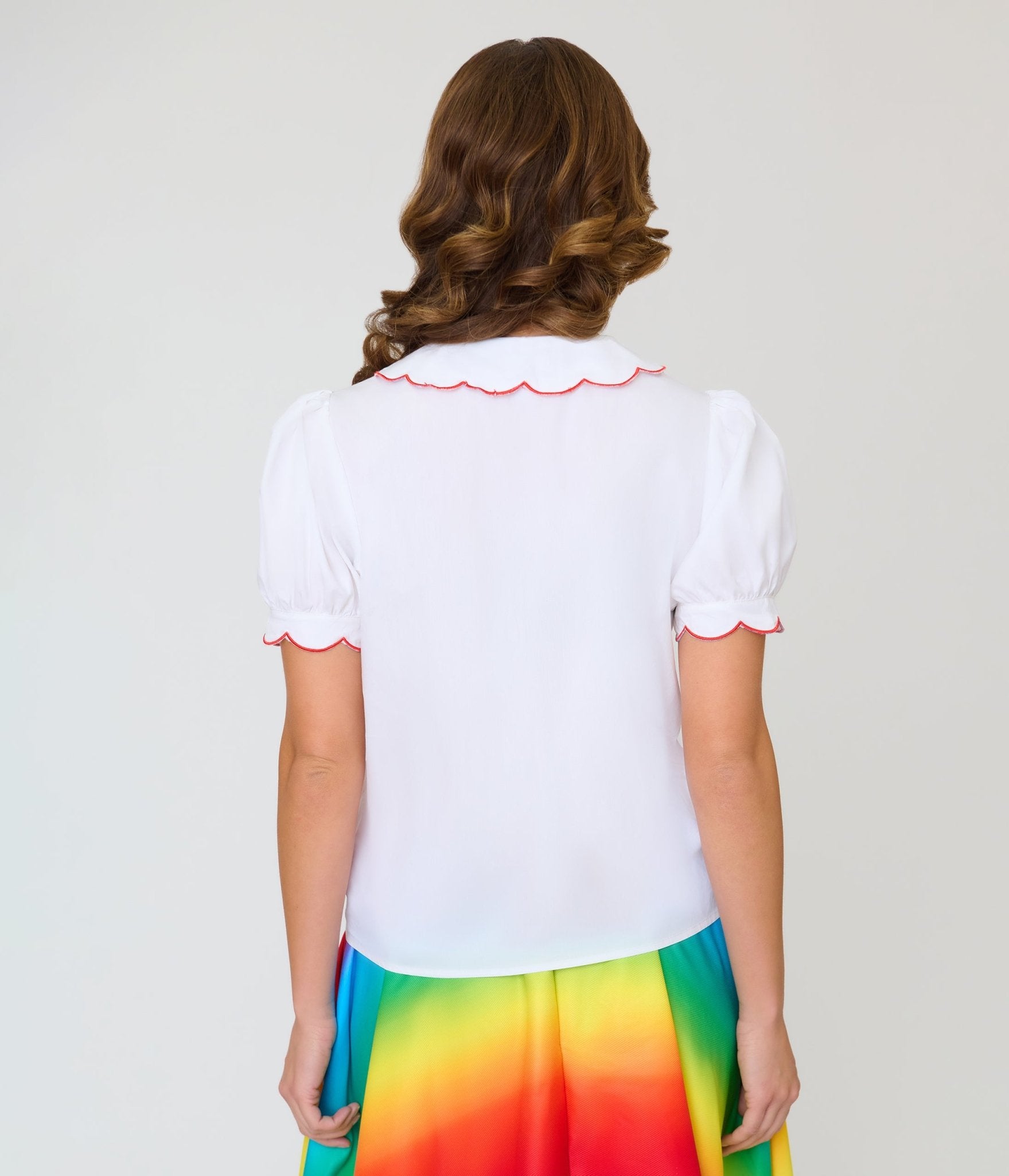 Smak Parlour White & Rainbow Embroidered Puff Sleeve Top - Unique Vintage - Womens, TOPS, WOVEN TOPS