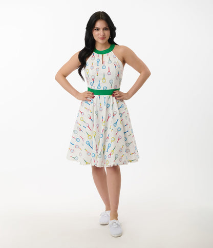 Smak Parlour White Tennis Racket Print Cotton Make Me Over Flare Dress - Unique Vintage - Womens, DRESSES, FIT AND FLARE