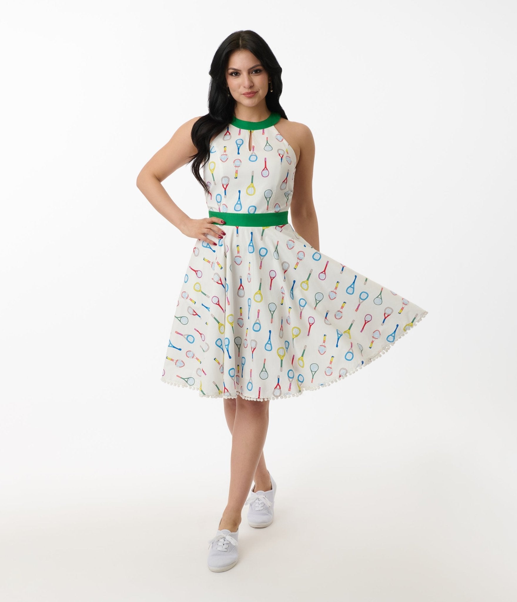 Smak Parlour White Tennis Racket Print Cotton Make Me Over Flare Dress - Unique Vintage - Womens, DRESSES, FIT AND FLARE
