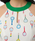 Smak Parlour White Tennis Racket Print Cotton Make Me Over Flare Dress - Unique Vintage - Womens, DRESSES, FIT AND FLARE