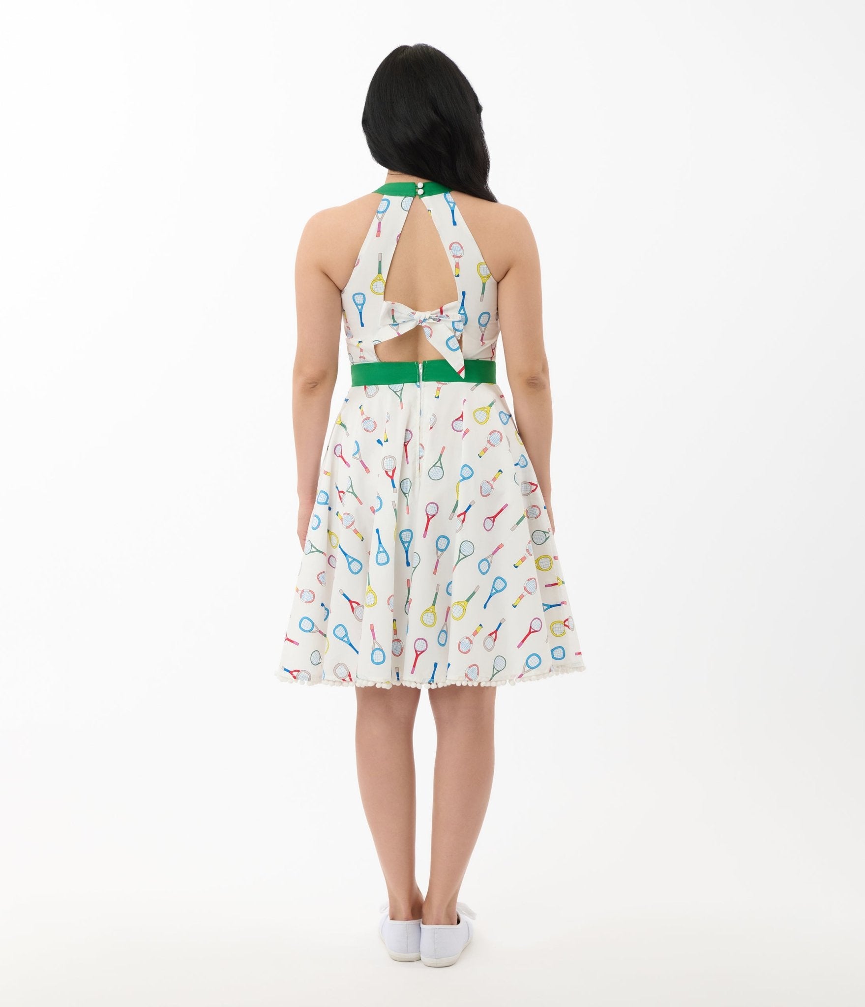 Smak Parlour White Tennis Racket Print Cotton Make Me Over Flare Dress - Unique Vintage - Womens, DRESSES, FIT AND FLARE