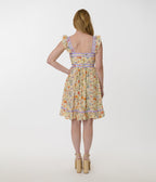 Smak Parlour Yellow & Periwinkle Floral Corset Fit & Flare Dress - Unique Vintage - Womens, DRESSES, FIT AND FLARE