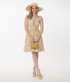 Smak Parlour Yellow & Periwinkle Floral Corset Fit & Flare Dress - Unique Vintage - Womens, DRESSES, FIT AND FLARE