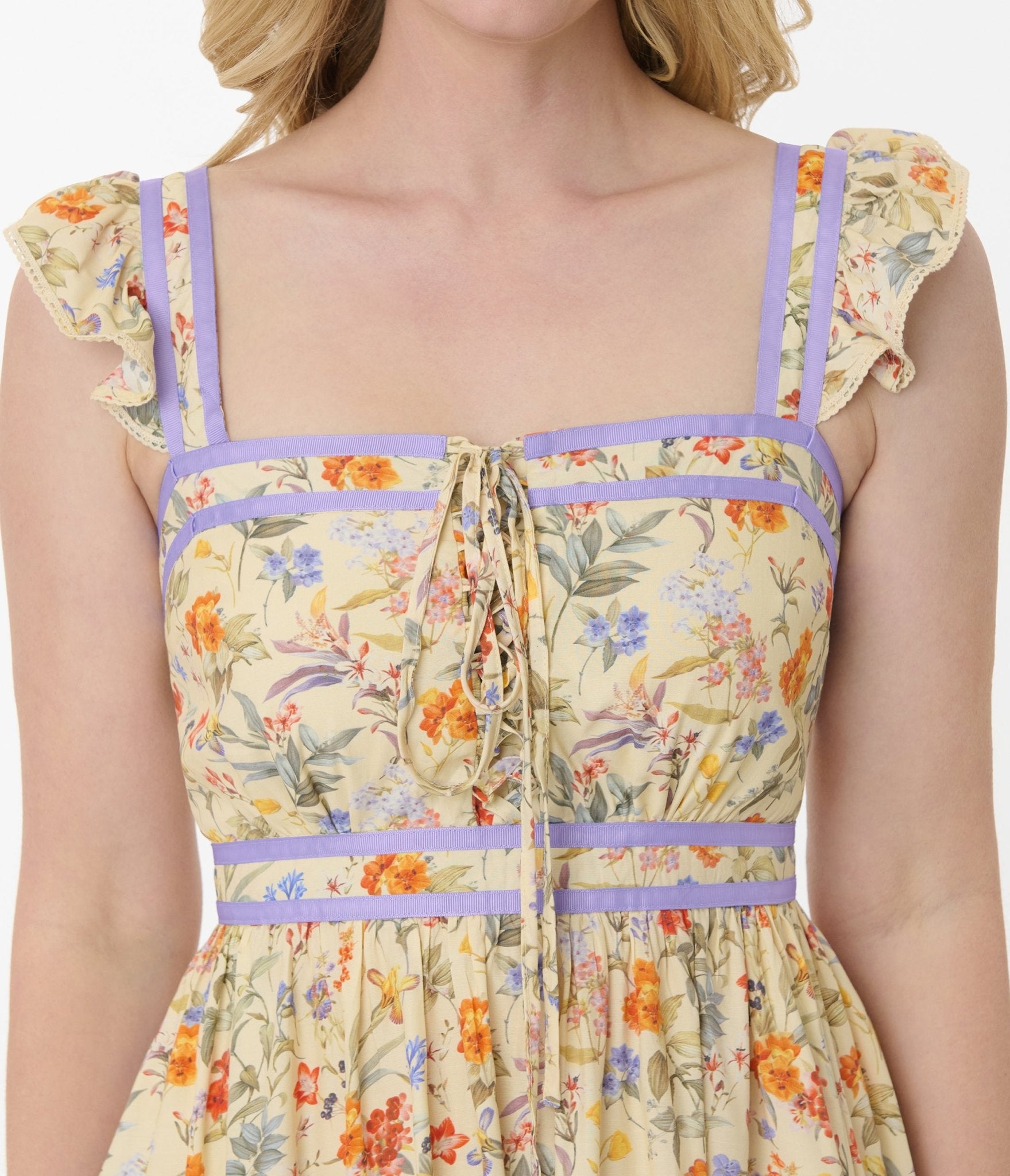 Smak Parlour Yellow & Periwinkle Floral Corset Fit & Flare Dress - Unique Vintage - Womens, DRESSES, FIT AND FLARE