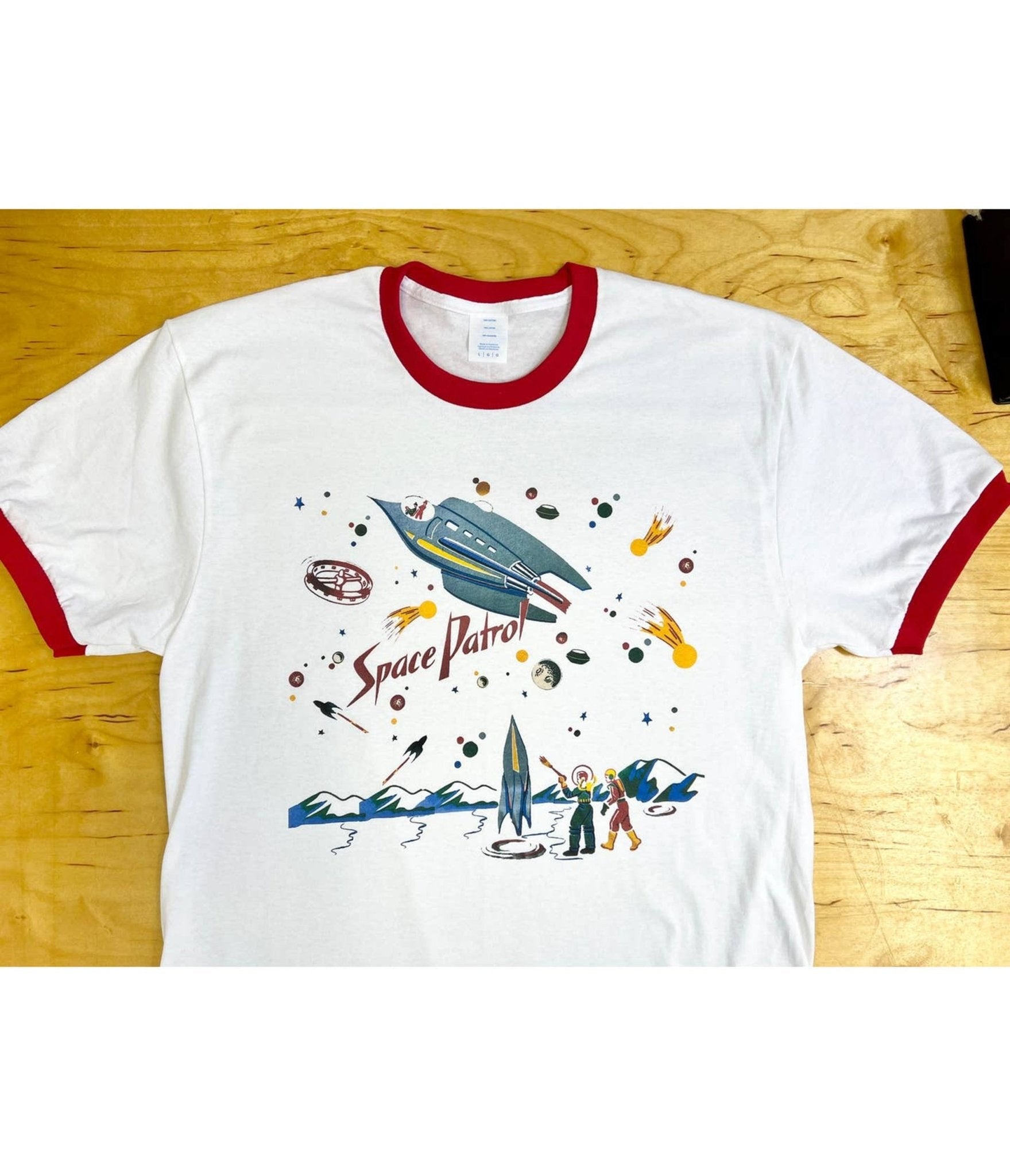 Space Patrol Red & White Unisex Ringer Tee - Unique Vintage - Womens, GRAPHIC TEES, TEES