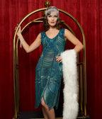 Unique Vintage 1920s Style Teal Hand Beaded Fringe Bosley Flapper Dress - Unique Vintage - Womens, FLAPPER, SLEEVELESS BEADED