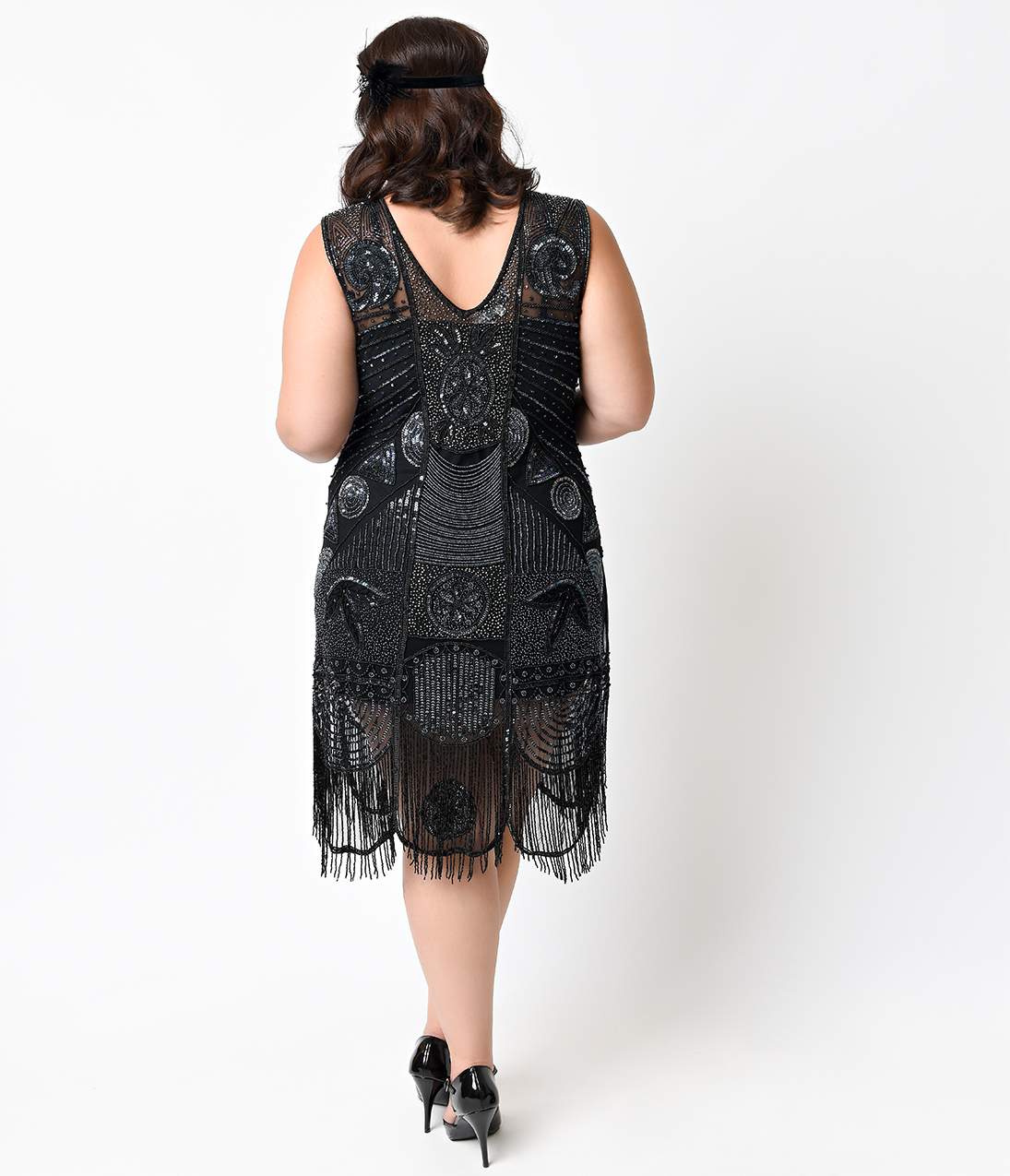 Unique Vintage Plus Size 1920s Style Black Hand Beaded Fringe Bosley Flapper Dress - Unique Vintage - Womens, FLAPPER