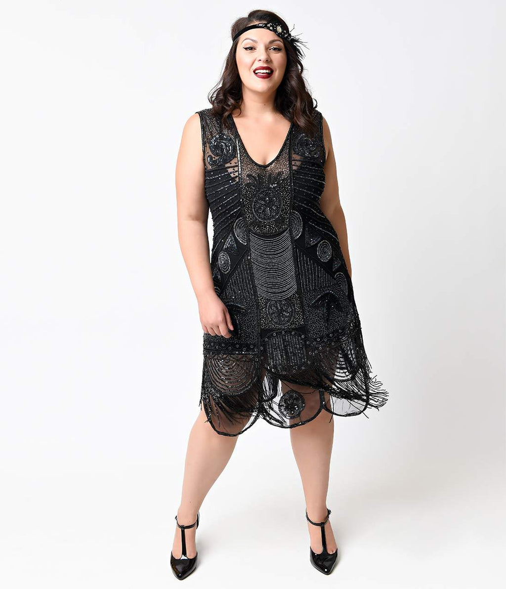 Unique Vintage Plus Size 1920s Style Black Hand Beaded Fringe Bosley Flapper Dress - Unique Vintage - Womens, FLAPPER