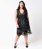 Unique Vintage Plus Size 1920s Style Black Hand Beaded Fringe Bosley Flapper Dress - Unique Vintage - Womens, FLAPPER